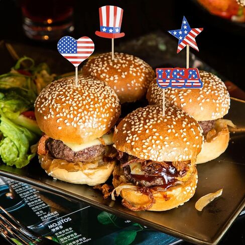 Uptotop 100 Pcs USA American Flag US Toothpick Flags, Mini Stick Cupcake Toppers, 4th of July, Veterans Day, Country Picks Party Decoration Celebration Cocktail Food Bar Cake Flag (5 Pattern) in Kuwait