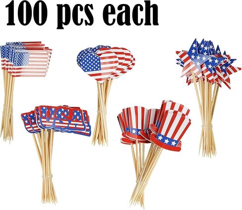 Uptotop 100 Pcs USA American Flag US Toothpick Flags, Mini Stick Cupcake Toppers, 4th of July, Veterans Day, Country Picks Party Decoration Celebration Cocktail Food Bar Cake Flag (5 Pattern) in Kuwait