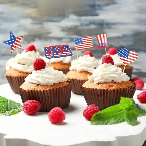 Uptotop 100 Pcs USA American Flag US Toothpick Flags, Mini Stick Cupcake Toppers, 4th of July, Veterans Day, Country Picks Party Decoration Celebration Cocktail Food Bar Cake Flag (5 Pattern) in Kuwait