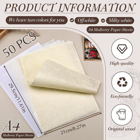 ورق الأرز Garfxg لـ Decoupage Natural A4 Mulberry Paper 50 ورقة للكتابة والطلاء والطباعة وزينه ، وصنع البطاقات ، ولف هدايا فنية DIY -اللون. in Kuwait