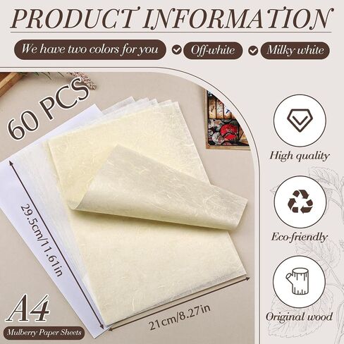 ورق الأرز Garfxg لـ Decoupage Natural A4 Mulberry Paper 50 ورقة للكتابة والطلاء والطباعة وزينه ، وصنع البطاقات ، ولف هدايا فنية DIY -اللون. in Kuwait