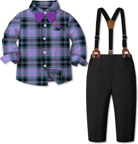 SANGTREE Boys Gentleman Clothes Set, White Short Sleeve Summer Shirt with Bowtie + Suspender Pants 2Pcs Wedding Birthday Outfit, Short White + Grey 6-9 Months = Tag 60 in Saudi Arabia