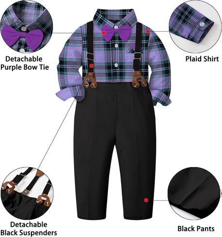 SANGTREE Boys Gentleman Clothes Set, White Short Sleeve Summer Shirt with Bowtie + Suspender Pants 2Pcs Wedding Birthday Outfit, Short White + Grey 6-9 Months = Tag 60 in Saudi Arabia