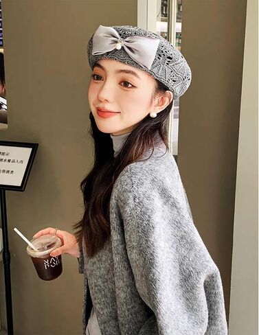 Women's Fur Beret for Ladies Wool French Beret Solid Color Beanie Cap Hat with Netting in Kuwait