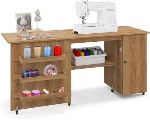 COSTWAY Sewing Machine Table, 62.5" x 20" Foldable Craft Station Table w/Lockable Casters, Storage Shelves, Bins & Single Door Cabinet, Multipurpose Sewing Machine Cabinet for Home, Bedroom (White) in Saudi Arabia
