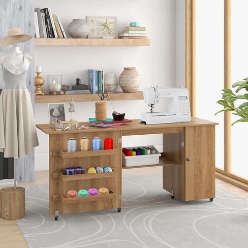 COSTWAY Sewing Machine Table, 62.5" x 20" Foldable Craft Station Table w/Lockable Casters, Storage Shelves, Bins & Single Door Cabinet, Multipurpose Sewing Machine Cabinet for Home, Bedroom (White) in Saudi Arabia
