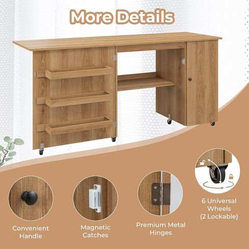 COSTWAY Sewing Machine Table, 62.5" x 20" Foldable Craft Station Table w/Lockable Casters, Storage Shelves, Bins & Single Door Cabinet, Multipurpose Sewing Machine Cabinet for Home, Bedroom (White) in Saudi Arabia