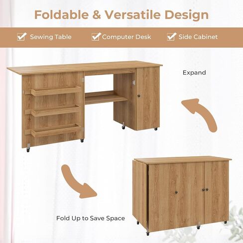 COSTWAY Sewing Machine Table, 62.5" x 20" Foldable Craft Station Table w/Lockable Casters, Storage Shelves, Bins & Single Door Cabinet, Multipurpose Sewing Machine Cabinet for Home, Bedroom (White) in Saudi Arabia
