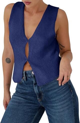 BZB Sweater Tank Tops for Women 2024 Summer Basic V Neck Crochet Knit Vest Sexy Button Casual Y2k Sweater Sleeveless Top in Saudi Arabia