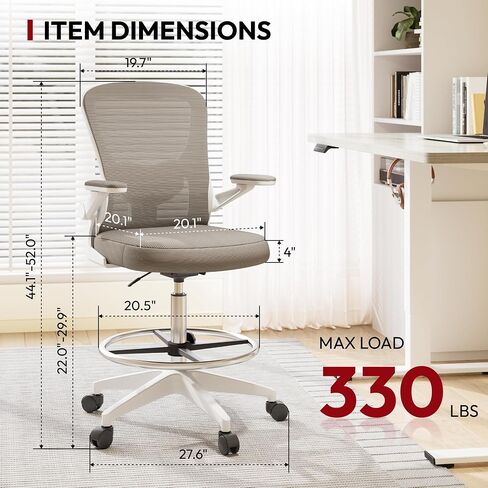SANODESK Ergonomic Drafting Chair - Standing Desk Chair with Breathable Mesh 2D Lumbar Support 3D Flip up Armrest and Footring Rolling 360° Swivel Computer Chair for Home Office Grey in Saudi Arabia