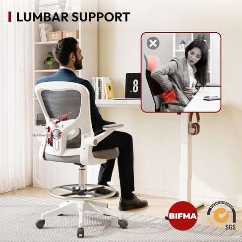 SANODESK Ergonomic Drafting Chair - Standing Desk Chair with Breathable Mesh 2D Lumbar Support 3D Flip up Armrest and Footring Rolling 360° Swivel Computer Chair for Home Office Grey in Saudi Arabia