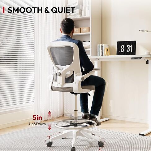 SANODESK Ergonomic Drafting Chair - Standing Desk Chair with Breathable Mesh 2D Lumbar Support 3D Flip up Armrest and Footring Rolling 360° Swivel Computer Chair for Home Office Grey in Saudi Arabia