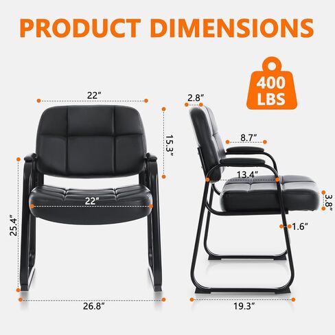 Clatina Big & Tall 400 رطل غرفة انتظار كرسي ضيف ، كرسي مكتب استقبال من الجلد لا عجلات مع أذرع مبطنة لكبار السن في لوبي صالون الصالون ، الأسود (4 عبوات) in Kuwait