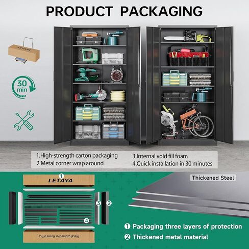 Letaya Metal Garage Storage Cabinets with Lock-72 Tall Tool Organizer Steel Lockers, 5 Adjustable Layers Shelves for Home,Office,Warehouse,Garage,(Black-72“) in Kuwait