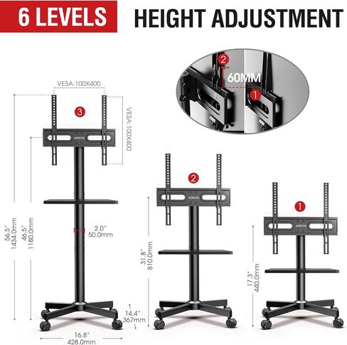 Rolling TV Stand - Mobile TV Stand on Wheels for 32-65 inch Flat/Curved TVs with Tilting, Height Adjustment Portable Rolling TV Cart Hold up to 88 Lbs for Livingroom, Bedroom, Office, Outdoor in Saudi Arabia