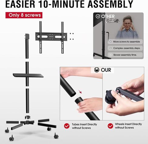 Rolling TV Stand - Mobile TV Stand on Wheels for 32-65 inch Flat/Curved TVs with Tilting, Height Adjustment Portable Rolling TV Cart Hold up to 88 Lbs for Livingroom, Bedroom, Office, Outdoor in Saudi Arabia