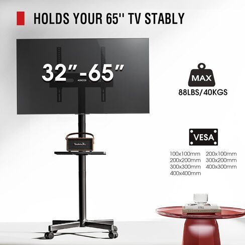 Rolling TV Stand - Mobile TV Stand on Wheels for 32-65 inch Flat/Curved TVs with Tilting, Height Adjustment Portable Rolling TV Cart Hold up to 88 Lbs for Livingroom, Bedroom, Office, Outdoor in Saudi Arabia