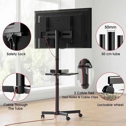 Rolling TV Stand - Mobile TV Stand on Wheels for 32-65 inch Flat/Curved TVs with Tilting, Height Adjustment Portable Rolling TV Cart Hold up to 88 Lbs for Livingroom, Bedroom, Office, Outdoor in Saudi Arabia