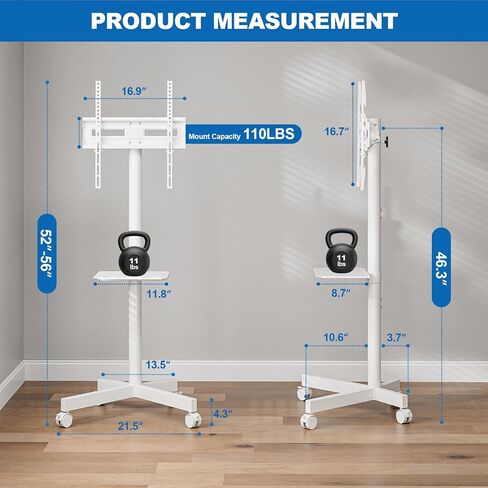 Mobile TV Stand for 23-65 Inch LCD LED Flat/Curved Panel Screen TVs, Height Adjustable Rolling Floor TV Cart with Tilt Mount and Shelf, Portable Stand Holds up to 110 lbs, Max VESA 400x400mm in Kuwait