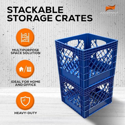Juggernaut Storage 2-Pack Stackable Heavy Duty Milk Crates with Handles, 16 Qt, Black - Organizing Plastic Crate Basket for Grocery Shopping, Home Supplies, and Bathroom Accessories in Kuwait