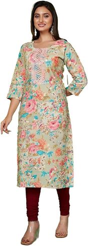 ladyline Womens Maslin Silk Printed Tunic Top Mirror Work Embroidered V Neck Long Kurti Kurta in Kuwait