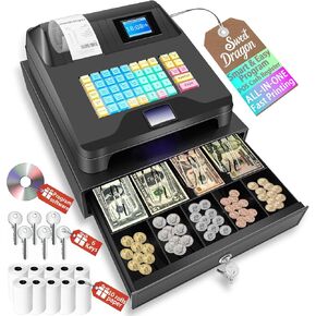 Cash Register Pos Systems for Small Businesses - Easy Programming Commercial Caja Registradora Para Negocio with Cash Drawer Money Tray Lock Box,Coin Drawer,Dual Display, Restaurant Supermarket Retail