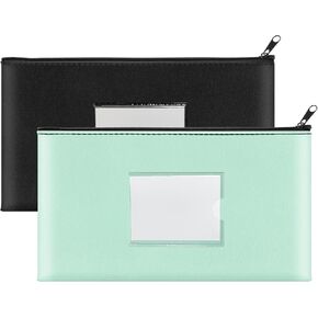 2 Pack Money Bags with Zipper, Bank Pouch with Label, 11 x 6.1 Inch PU Leather Cash Deposit Holder for Coins, Invoice, Bills, Cosmetics, Tools (Black)