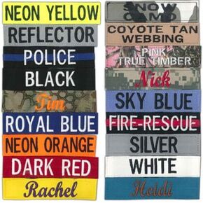 Custom Uniform Name Tapes, 56 Fabric Options, Different Font Styles Available in 5 Sizes.