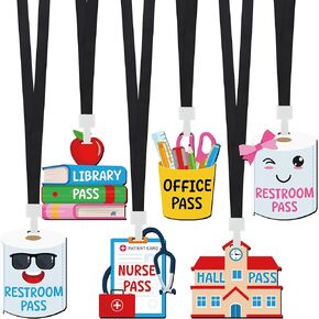 6 Sets Hall Pass Lanyards Wooden School Passes Set Unbreakable Classroom Passes Colorful Cartoon Style Hall Pass for Classroom School Restroom Library Office Nurse Teachers Gift Supplies