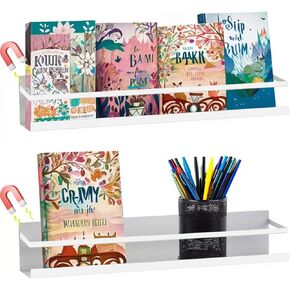 2 Pcs Metal Magnetic Book Shelf for Whiteboard, Metal Magnetic Bookshelf, Book Display Shelf for Teacher Kids Classroom Office (White, 15.8" x 2.8" x2.8")