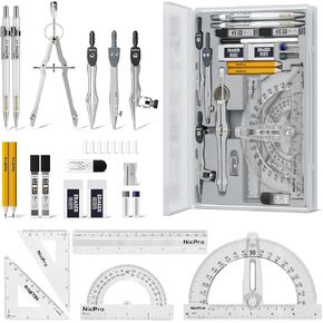 Nicpro 22 PCS Compass Geometry Tools with Case, Drafting Tools Geometry Set with Swing Arm Protractor, Rulers, Metal Compass, Divider, Square Set, Pencil, Drawing Supplies for Kids Student School Math