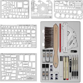 Nicpro 30PCS Professional Drafting Tools & Geometry Set with Case, Architect Protractor Set, Metal Mechanical Pencils, Pen, Scale Ruler Metal Ruler, 5 Drawing Templates for Interior Design House Plan