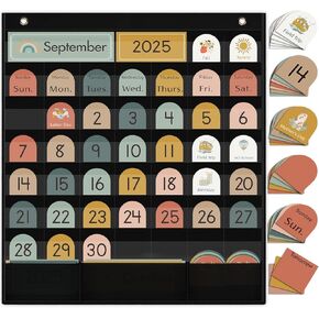 Classroom Monthly Calendar Pocket Chart for Kids Learning, 105 Cards Wall Boho Calendar and Weather, Teacher Supplies for Kindergarten Preschool Elementary Homeschool