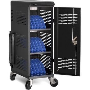 Fully Assembled 18-Device Charging Cart for Chromebook - Locking Laptop Cabinet with Cable Management, Cord Organization, Power Strip - Locks and Stores Tablets up to 14'' and 1.4'' Thick (Black) in Kuwait