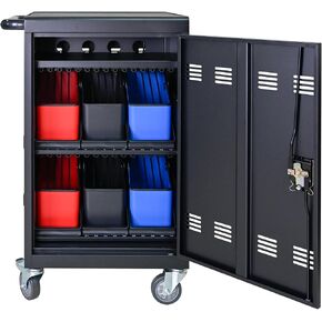 32 Device Mobile Charging Station for Laptops/Tablets/iPads/Chromebooks,32 Bay Lockable Charging Cabinet with Plastic Basket Device，Cable Clips, Storage Compartment, and Removable Doors