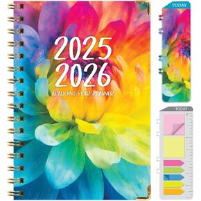 Hardcover Academic Year 2025-2026 Planner: (يونيو 2025 حتى يوليو 2026) 5.5 "X8" Daily Weekly Monthly Planny Agenda. المرجعية ، مجلد الجيب ومجموعة الملاحظات اللزجة (بتلات قوس قزح)