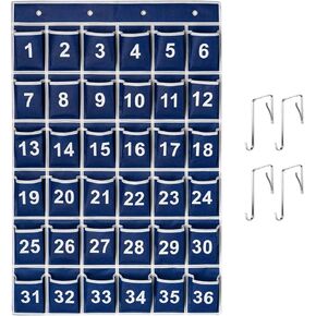 36 Pockets Black Numbered Classroom Pocket Chart for Cell Phones, Hanging Pocket Chart Storage for Classroom Phone Calculator Holder with 4 Hooks (Black-36pockets)