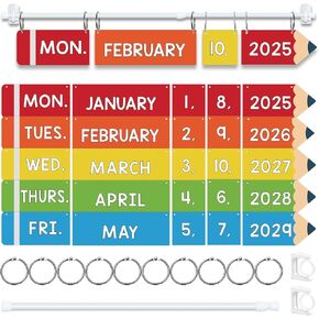 73Pcs Classroom Flip Calendar Bulletin Board Set with Holder for Teacher Classroom,Pencil Shaped Flip Calendar Include Cards of Year Month Week Date for Teacher Organization Preschool School Supplies