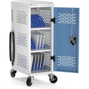 Fully Assembled 18-Device Charging Cart for Chromebook - Locking Laptop Cabinet with Cable Management, Cord Organization, Power Strip - Locks and Stores Tablets up to 14'' and 1.4'' Thick (Black)
