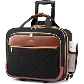 LOVEVOOK Rolling Laptop Bag Women, 17.3 Inch Laptop Briefcase with Wheels, Soft Sided Underseat Carry On Luggage Personal Item Suitcase for Work Travel Business, Black Brown