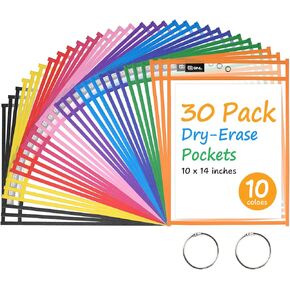 GNL Dry Erase Pocket Sleeves 30 Packs, Reusable Clear Plastic Ticket Holders with Rings, Durable & Easy-to-Erase Sheet Protectors, Assorted Colors 10x14 Inch for Classroom & School Teacher Supplies