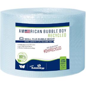 Large roll of 175 Feet of Recycled Small Plus Bubble wrap for packing, moving and shipping for your business essentials. Eco friendly and made from 90% post-consumer materials by American Bubble Boy