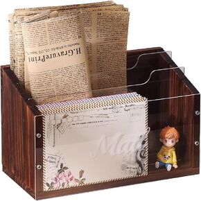 Mail Organizer with Clear Acrylic Dividers - Wooden Letter Holder for Desk, 3 Slot Mail Sorter Wall Mounted, Desktop Envelope Caddy for Home Office Organize Document Bill Mail Inbox Outbox