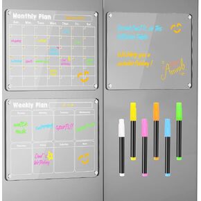 Planning Pads 4Pcs Fridge Calendars 2025 Acrylic Magnetic Calendar for Refrigerator Fridge White Board Calendar Chalk Dry Erase Magnets Chalkboard Monthly Weekly Planner with 6 Highlight Markers