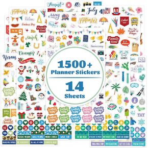 Planner Stickers - 12 Festival Theme Monthly Planner Stickers, Accessories 14 Sheet 1500+ Colourful Sticker，Holiday Seasonal Sticker, for Calendar Journaling, Gifts