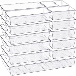 Criusia Drawer Organizer, 10 Pack Large Clear Plastic Kitchen Drawer Organizers Set, 3 Size Versatile Bathroom and Vanity Organizer Trays, Storage Bins for Makeup, Bedroom, Kitchen Utensils
