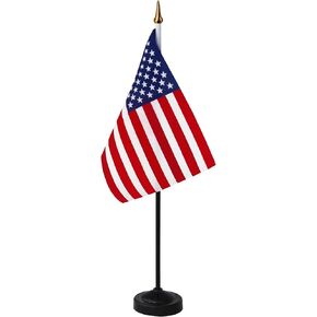 ANLEY American Deluxe Desk Flag Set - 6 x 4 inch Miniature US National Desktop Flag with 12" Solid Pole - Vivid Color and Fade Resistant - Black Base and Spear Top