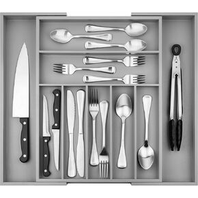 Purawood Bamboo Drawer Organizer - Expandable Silverware Organizer & Utensil Drawer Organizer, Cutlery Tray with Dividers, 7-9 Slots- Kitchen Organizer for Utensils & Flatware (Natural)