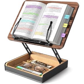 Book Stand with Storage, Book Holder for Reading Hands Free, Wooden Cookbook Stand for Kitchen Counter, Adjustable Reading Stand for Desk, Recipe Stand, Book Prop for Book Lovers