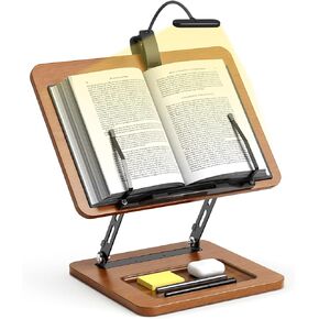 Book Stand for Reading, 360° Rotating Hands Free Book Holder, Adjustable Height and Angle, Page Clip for Cookbook, Recipe, Magazine, Laptop,Tablet, Foldable for Kitchen, Office, School